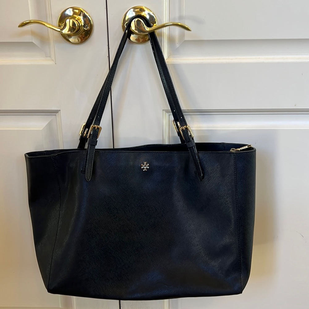 Tory Burch black Emerson, small Saffiano leather buckle tote